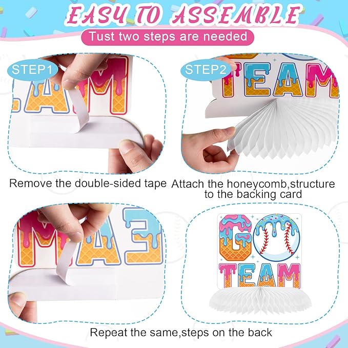Marspark 12 Pcs Ice Cream Drip Baseball Birthday Party Decoration Baseball Drip Table Centerpieces Ice Cream Honeycomb for Table Party Supplies for Kids Boys Birthday Baby Shower Favors