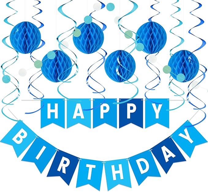 Blue Birthday Decorations Kit - 16-Piece Set with Pre-Strung Happy Birthday Banner, Honeycomb Balls, Garland & Swirls | Blue Theme Party Supplies for Men Boys Kids, Teens Adults