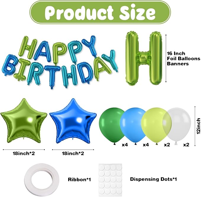 29PC Blue Green Happy Birthday Balloon Banner, 16 Inch 3D Aluminum Letter Banner Sign, Clear Blue Green Balloon Helium 18 Inch Star Foil Balloon for Kids, Women, Men Birthday Party Decoration