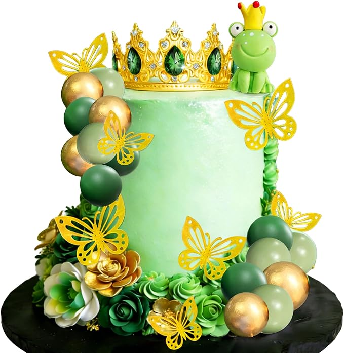 Frog Princess Cake Decorations Princess Fairy Birthday Party Decorations Frog Cake Topper Butterfly Garden Baby Shower Decor Golden Crown Birthday Party Supplies