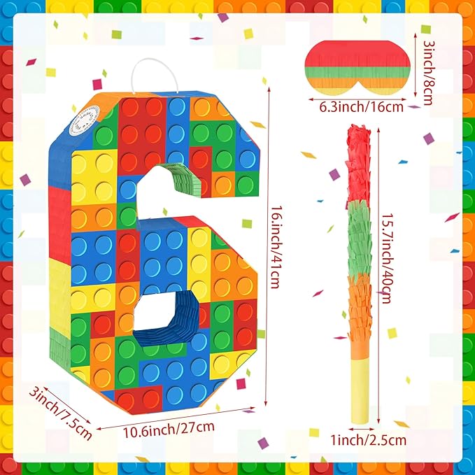 Building Blocks 6th Birthday Party Decorations Number 6 Pinata with Pinata Stick & Blindfold for Kids Girls Boys Happy Birthday Building Block Theme Party Supplies Carnival Games