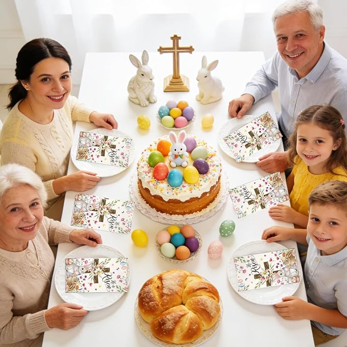 100Pcs He Is Risen Easter Napkins - Watercolor Bunny Rabbit Flower Egg Party Napkins Spring Floral Theme Party Supplies Disposable Luncheon Dinner Napkins 7.8" x4.3" for Tea Party Kitchen