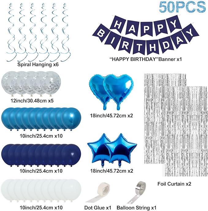 Blue Birthday Decorations for Boys Men - 50 PCS Blue Party Decorations include Happy Birthday Banner Silver Fringe Curtain Heart Star Balloons and Hanging Swirls for Birthday Party Supplies