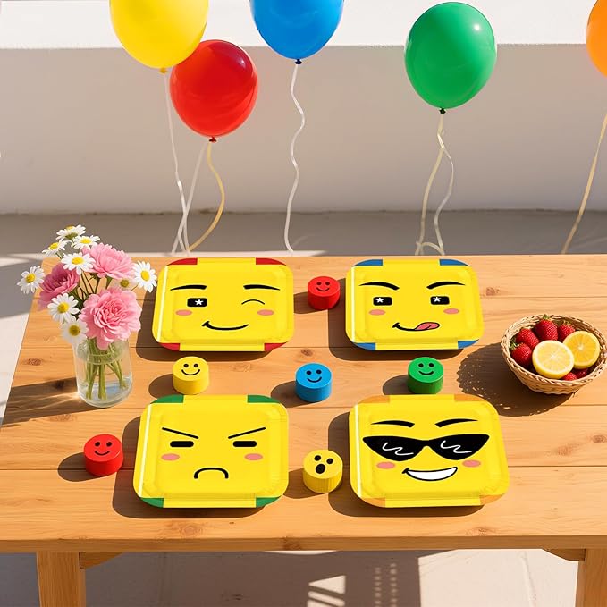 60Pcs Building Birthday Party Paper Plates 7 Inch Disposable Heavy Duty Yellow Character Face Block Plates Cartoon Building Party Decorations Favors for Games Birthday Party Supplies