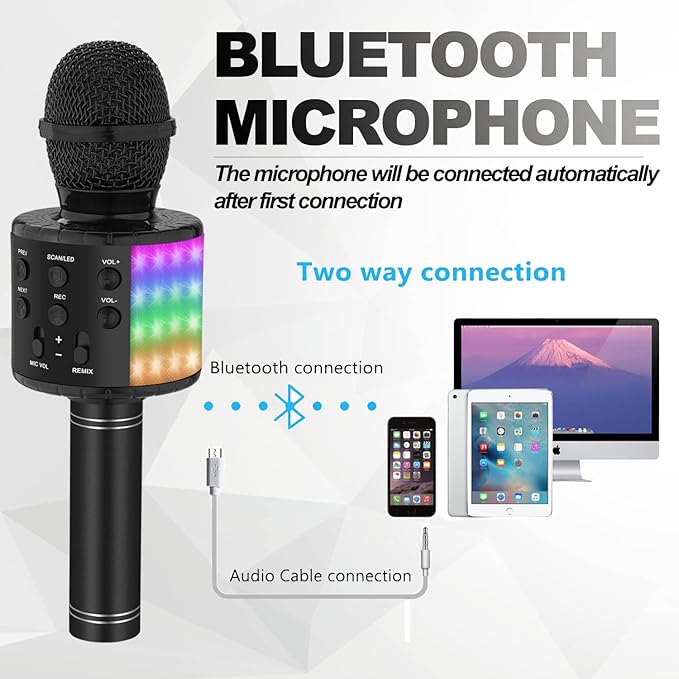 Bluetooth Karaoke Microphone for Singing: Professional Handheld Wireless Microphone with Lights for Kids Adults Black