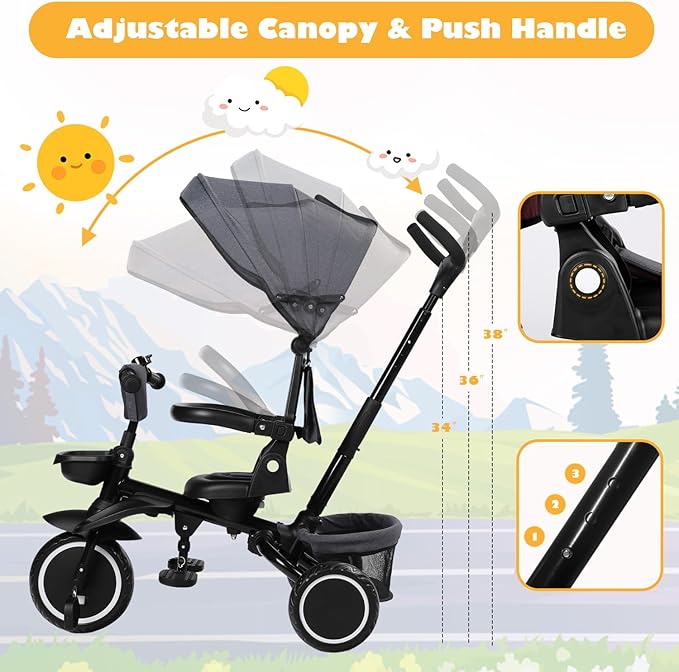 Folding Kids Tricycle, 8 in 1 Toddler Trike W/Removable & Adjustable Canopy, Parent Handle, 5-Piont Harness, Toddler Bike Tricycle for Kids 1-6 Years, EVA Wheels, Storage Basket, Grey