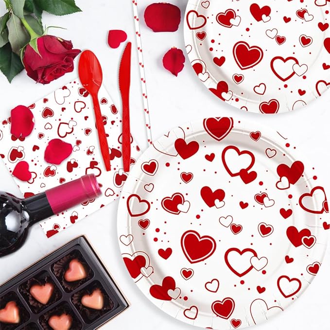 112 PCS Valentines Day Plates and Napkins Party Decorations Red Heart Galentines Day Party Decorations Supplies Valentines Baby Shower Birthday Disposable Plates Cups and Napkins Serves 16