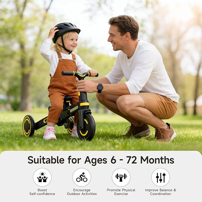 WinHope 9-in-1 Push Tricycle for Toddlers 1-3 Years, Convertible Kids Trike with Push Handle & Safety Belt, One-Client Foldable Design + Storage Basket, Birthday Gift and Toy for Boys and Girls(Black)