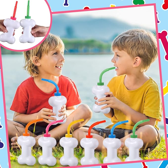 Eaasty 24 Pcs Dog Bone Cups with Straws and Lids 10oz Plastic Reusable Dog Bone Shaped Puppy Cups Set for Kids Birthday Party Gifts
