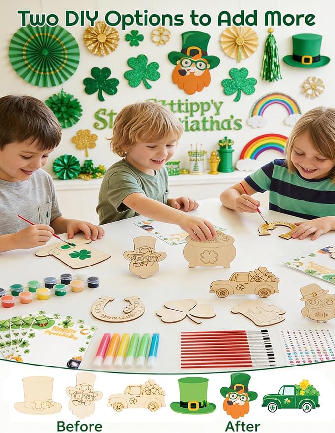Bafeil 24 Set St. Patrick's Day Crafts for Kids - Color Your Own Art St. Patrick's Day Coloring Craft with Magnets Paints- Non-Toxic DIY Wood Paint Crafts Kits- St. Patrick's Activities for Classroom