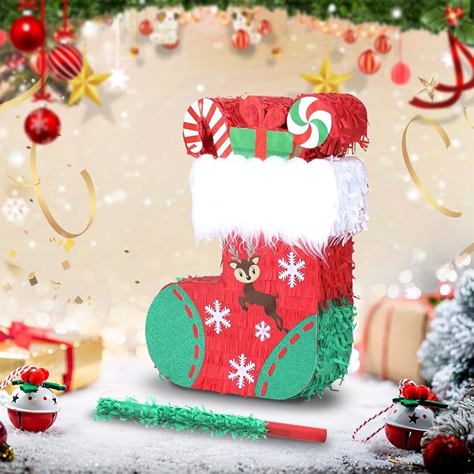 Christmas Socks Pinatas Bundle with a Blindfold and Bat (16.5x12.5x4 Inches), Holiday Theme Piñata, Christmas Party Supplies, Xmas Piñata, Party Decoration