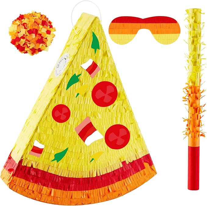 Lewtemi Pizza Piñata Party Favors with Stick, Confetti and Blindfold - Pizza Shower Theme Decorations for Summer Birthday Mexican Party Supplies