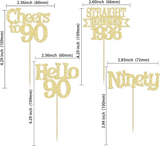 Ephlyn 24Pcs Happy 90th Birthday Cupcake Toppers Glitter Straight Outta 1936 Cupcake Picks Hello 90 Cheers to 90 Years Birthday Cake Decorations for 90th Birthday Anniversary Party Supplies Gold