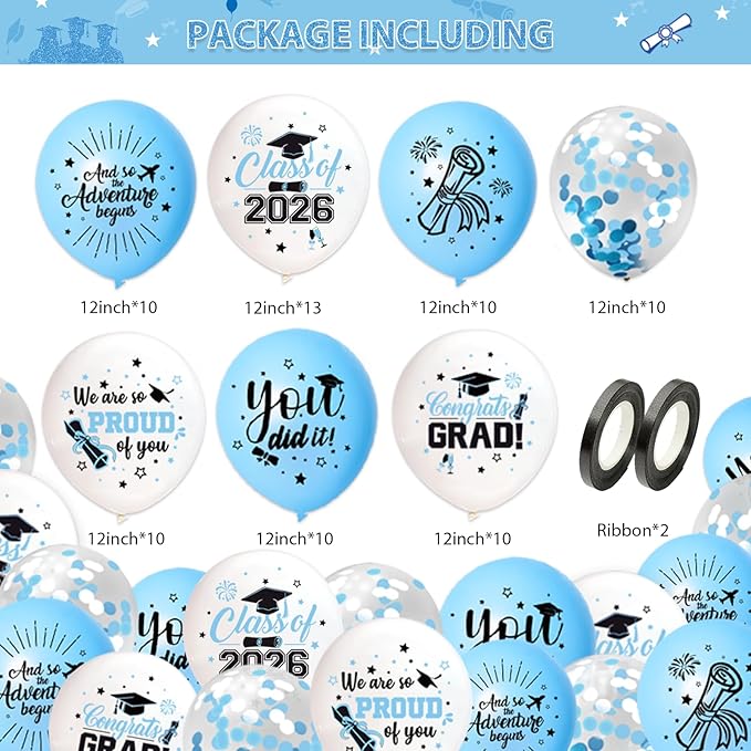 75Pcs Light Blue Graduation Balloons Decorations Class of 2026 Graduation Party Supplies with Grad Balloon Ribbons for Grad Party Decoration