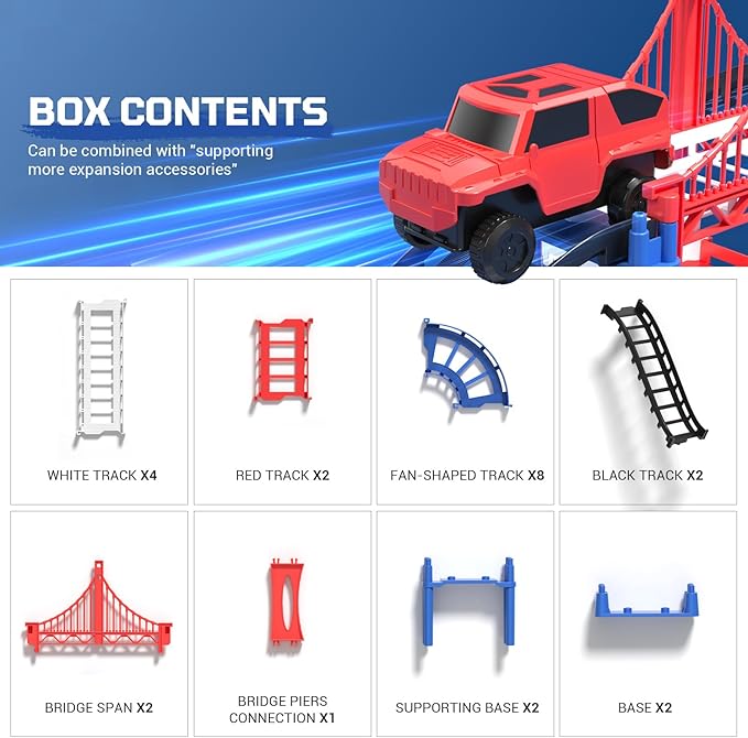 DIY Construction Race Track Set, 24 Pieces with Battery Powered Car,Bridge Building Track ，Assembly Track Builder Playset Gifts Toys for Boys Kids Age 6 7 8