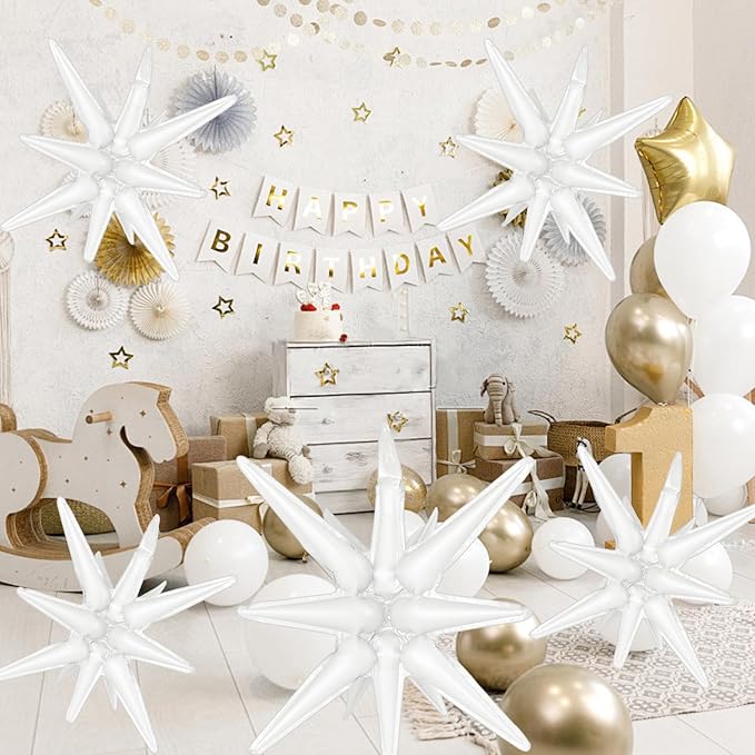 6 Pcs White Star Foil Balloons One-Piece 14-Pointed Star Balloon 4D Starburst Cone Mylar Balloon 22inch Christmas Birthday Wedding Wedding Anniversary Party Supplies (22&27 Inches White)