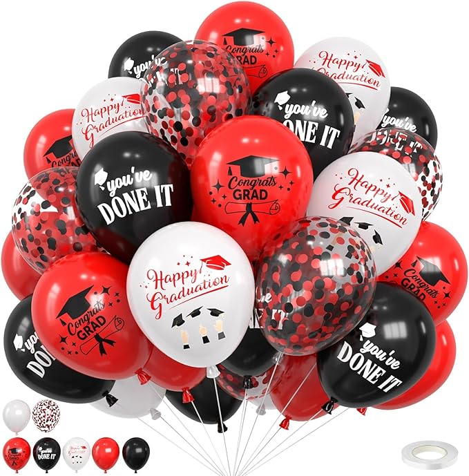 Red Black and White Balloons,12 Inch Print You've Done It Happy Graduation Balloon with Ribbon,for Graduation Class of 2025 Party Decoration Supplies