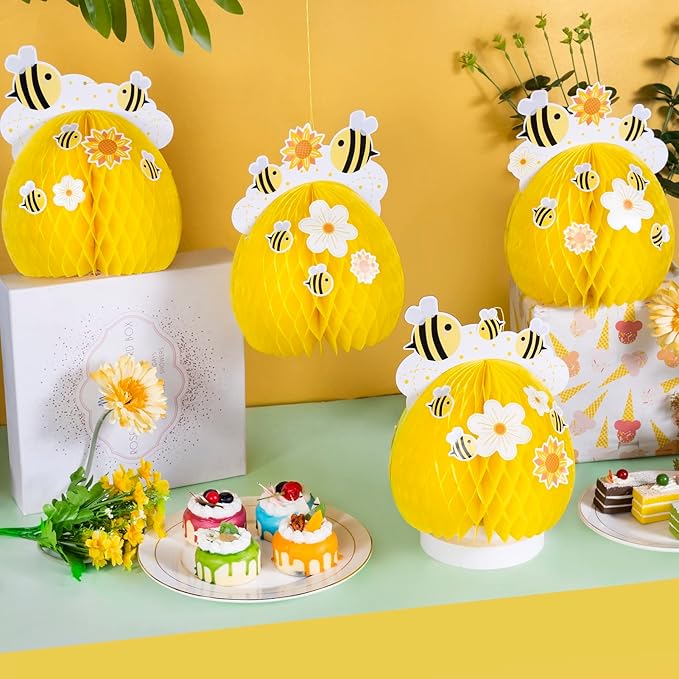 SUNBEAUTY 4PCS Honey Bee Honeycomb Centerpieces Decorations Yellow Bee Honeycomb Table Centerpieces with Sunflower Stickers for Baby Shower Birthday Gender Reveal Birthday Decoration