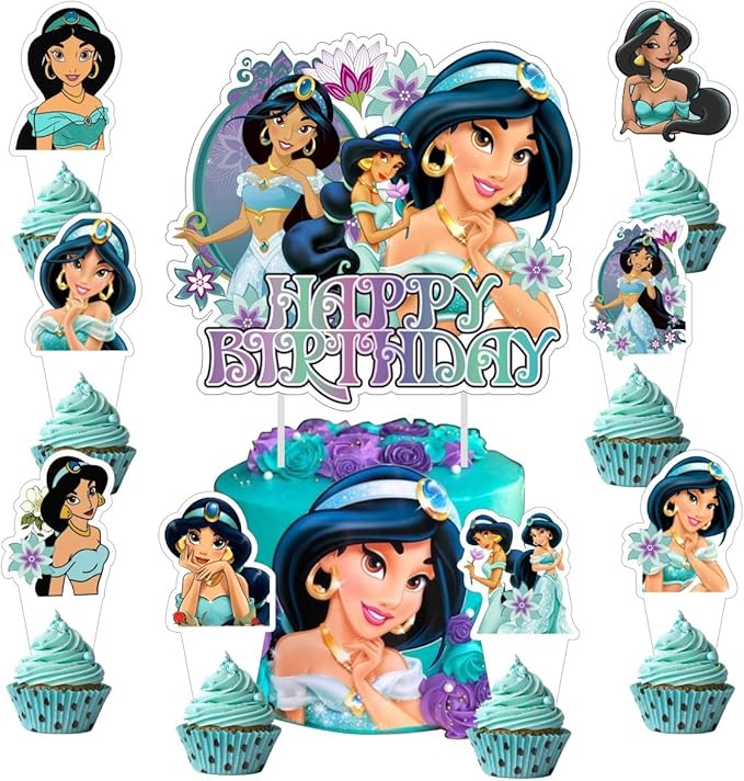 25Pcs Princess Jasmine Cake Decorations with 24pcs Cupcake Toppers 1pcs Cake Topper for Girls Birthday Party Supplies