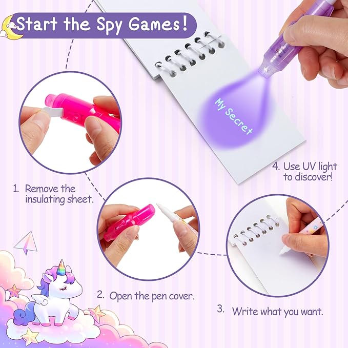 Invisible Ink Pen and Notebook Pack, 24 Pcs Unicorn Party Favors, Spy Pens with UV Light Magic Marker for Secret Message, Birthday Party Favors for Kids Boys Girls Classroom Prize Stationery Set