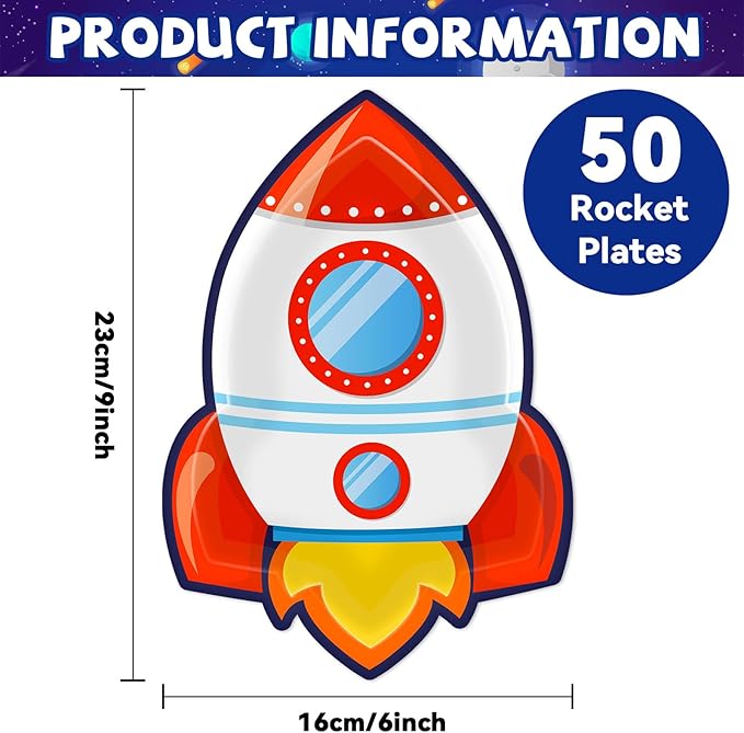 50 PCS Rocket Ship Paper Plates for Outer Space Birthday Party Supplies Disposable Solar System Themed Party Dessert Plates Starry Night Baby Shower Party Galaxy Birthday Themed Decoration Kids