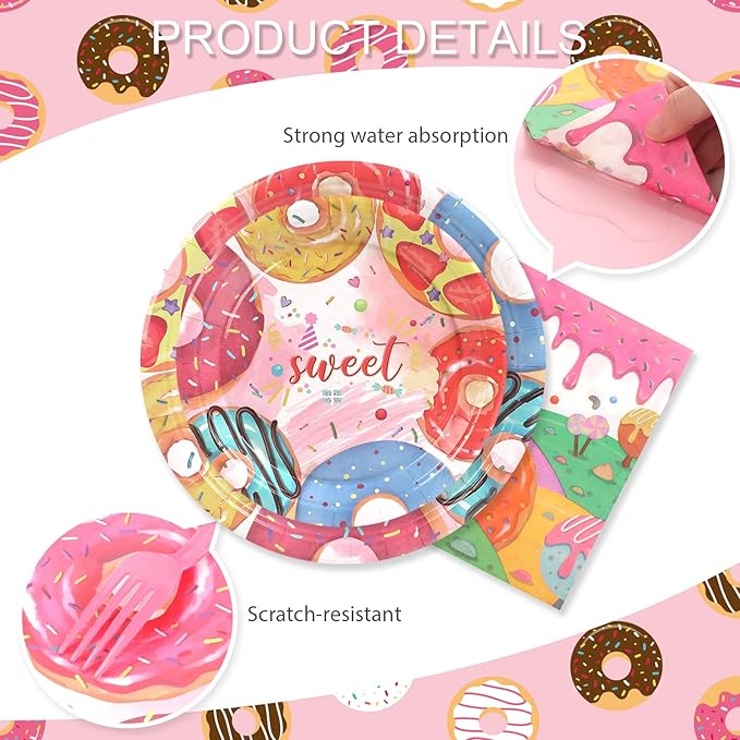 96Pcs Sweet One Birthday Party Decorations Donut Dessert Paper Plates and Napkins Cups Disposable for Girl Boy Donut First Birthday Decorations, Serve 24