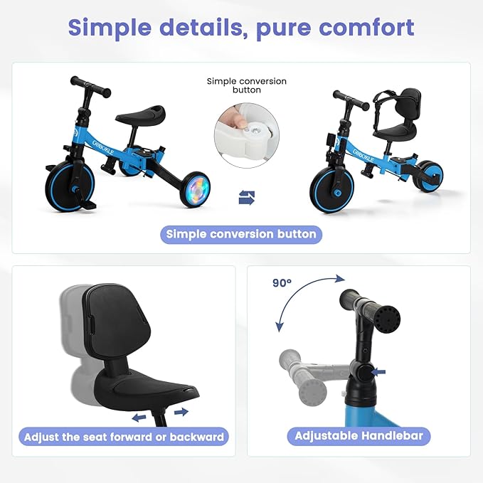 5-in-1 Tricycle for Toddlers 1-3, Convertible Toddler Bike with Push Handle & Removable Pedals, Balance Bike with Colorful Lighting Wheels, Adjustable Seat Height with Backrest(Blue)