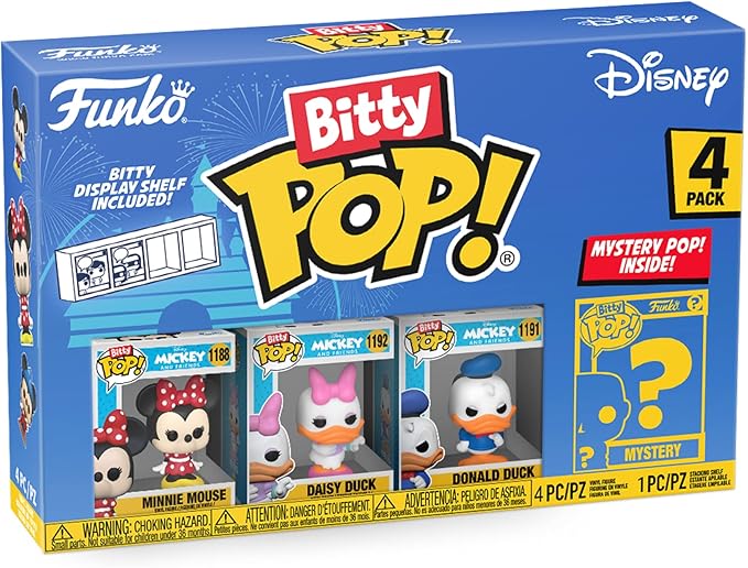 Funko Bitty POP! Disney - Minnie, 4-Pack - Minnie Mouse (red Dress), Daisy Duck, Donald Duck and A Surprise Mystery Mini Figure - 0.9 Inch (2.2 Cm) Collectable - Stackable Display Shelf Included