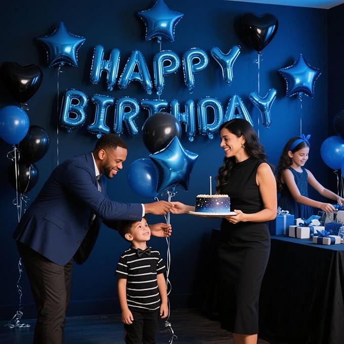 27 Pcs Blue Black Birthday Decorations, 3D Letters Blue Happy Birthday Balloon Banner, Pentagram Heart Foil Balloons Confetti Balloons Kit For Boys Girls Party Supplies