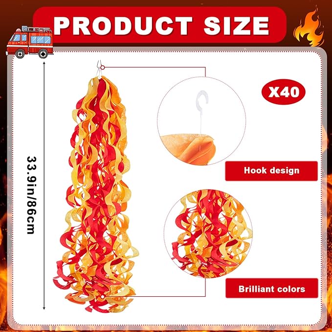 Lyrow 40 Pcs Fireman Party Decorations Fire Hanging Swirls Decor for International Firefighters' Day Firefighter Birthday Pentecost Fireman Party Supplies Events Gatherings Celebrations