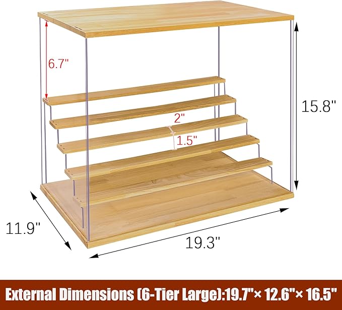 Acrylic Display Case with Adjustable LED Light, 6 L Tier Clear Display Box Dustproof Showcase for Action Figures, Collectibles and Mini Toys, Assembly Display Cabinet(Wood 19.7*12.6*16.5in)