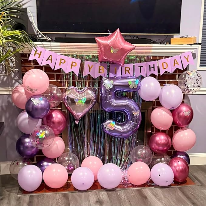 5th Pink Purple Birthday Decorations,Pink Purple 5th Birthday Balloons for Girls Lavender Party Decor Banner Number 5 Balloons Cake Topper Butterfly Party Decorations for 5 Year Old Girls