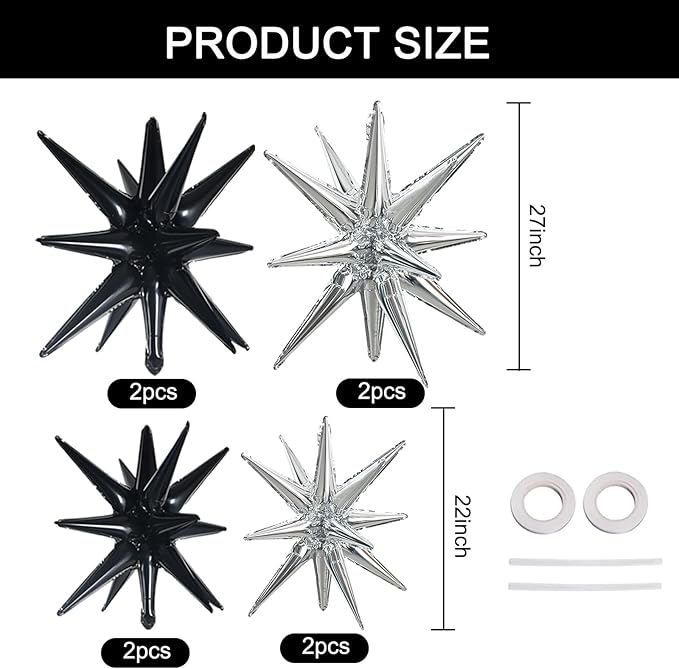 TONIFUL 8 Pcs Black Silver Star Balloons Large Explosion Star Mylar Decorations for Party Backdrop Christmas New Year Birthday Wedding Baby Shower Anniversary Photo Booth Supplies