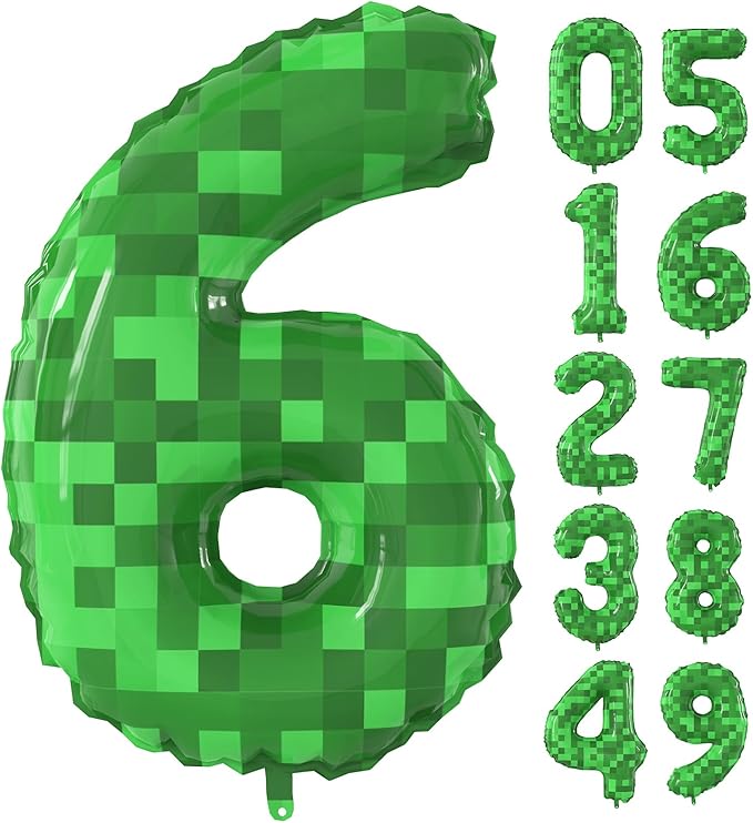 40 Inch Green Pixel Miner Theme Number Balloons Large Birthday Party Number Balloons Mining Gaming for Kids Birthday Party Decoration Supplies (Number 6)