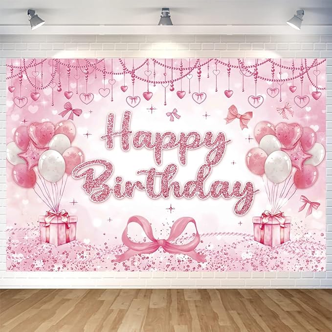 Pink Heart Bow Happy Birthday Backdrop Decorations Bow Banner Pink Bowknot Photo Background for Girls Birthday Party Decorations Supplies 70.8 x 47.2 Inch