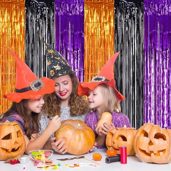 TONIFUL 2Pcs Orange Purple Black Metallic Tinsel Foil Fringe Curtains,3.28ft x 6.56ft Halloween Photo Booth Backdrop Streamer,Photo Props,for Party Door Wall Curtains Wedding Birthday(9.9ft x 6.6ft)