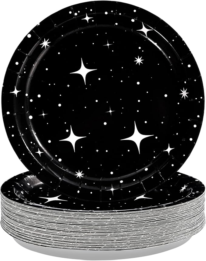 50Pcs Black Stars Paper Plates 9 Inch Space Galaxy Theme Party Disposable Plates Spaces Galaxy Birthday Decorations for Mens Boys Game Night Star Party Supplies Dinner Table Decor