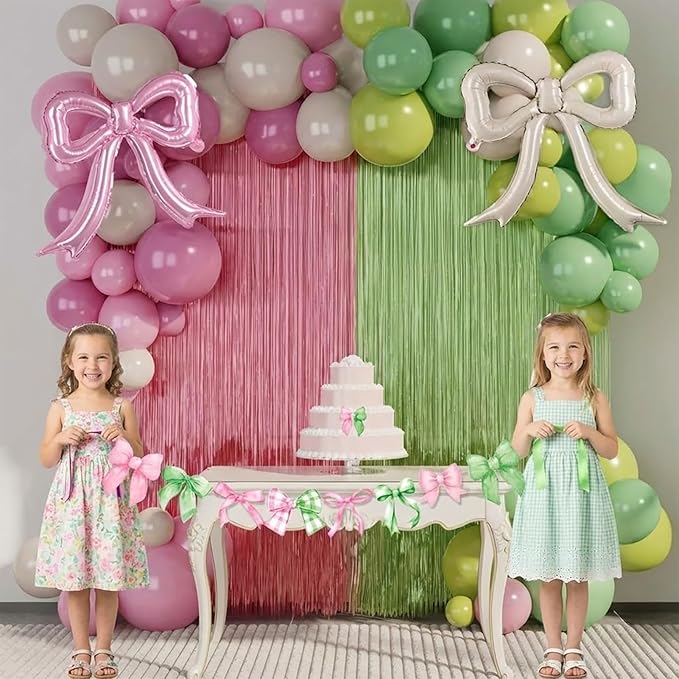 Spring Pink and Green Party Decorations with Bow foil Balloons & Tinsel Foil Fringe Curtains cute Bow Banner for girl baby in bloom baby shower woodland Safari wild one theme party decorations