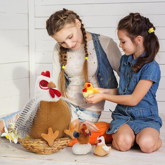 8Pcs Easter Chicken Stuffed Animal, Stuffed White Hen with Little Baby Chicks and Coop, Plush Toys for Kids, Hit of Christmas Farm Party