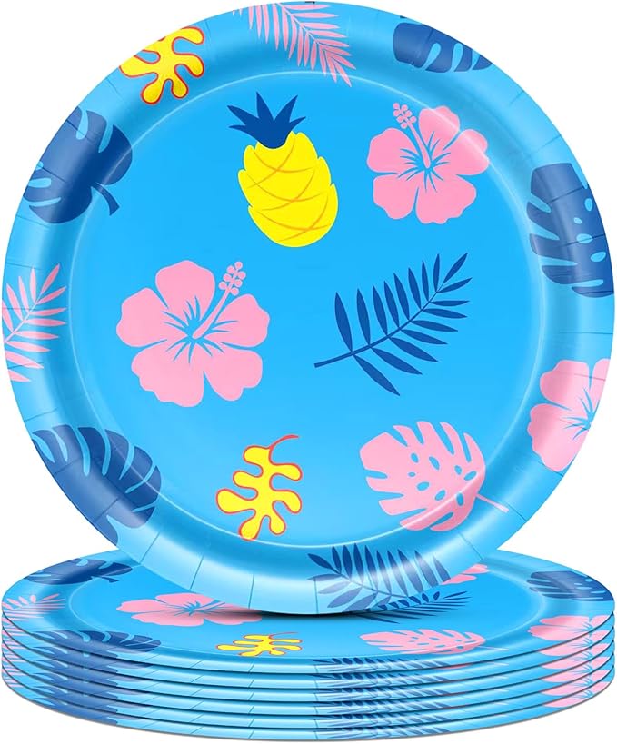 Blue Cartoon Birthday Party Supplies 20Pcs 9 Inch Hawaiian Tropical Cartoon Plates, for Baby Shower Girls Boys Birthday Party Luau Picnic Summer Holiday BBQ School Event Hawaiian Party Decorations