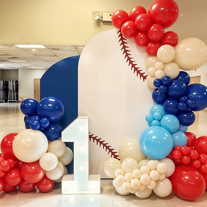 Baseball Theme Balloon Garland Arch Kit, Navy Blue Red Nude Light Dark Blue Balloon Arch with Baseball Glove Foil Balloons for Boys Baseball Themed Birthdays Party Baby Shower Decorations