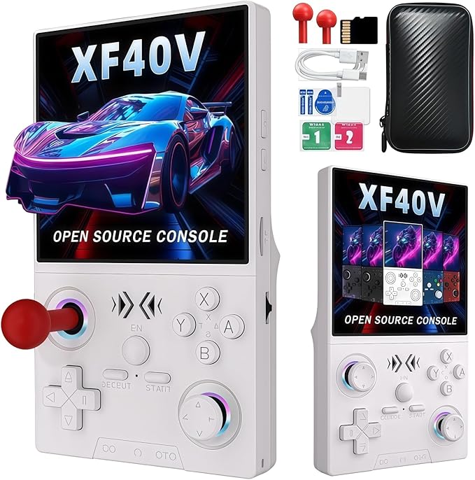 XF40V Retro Handheld Game Console, 4.0 Inch IPS HD Screen,Interchangeable Arcade Stick,Linux System, Preloaded Classic Games with Multiple Emulators, 4000mAh Battery,Ideal Gift (White)