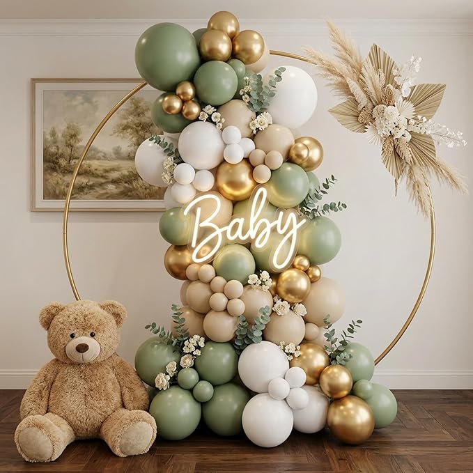 RUBFAC Sage Green White Gold Balloon Garland Arch Kit 129pcs Different Sizes Pack of 18 12 10 5 Inch, Latex Sand White Cream Confetti Gold Balloon Garland Arch Kit for Birthday Engagement Wedding