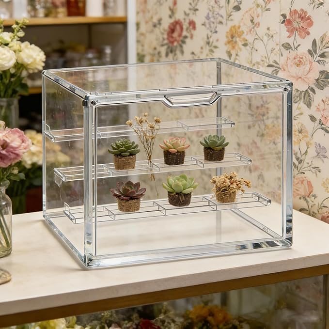 Clear Acrylic Display Case for Collectibles Storage Box 4 Tiers Stackable Showcase with 3 Movable Plates and Magnetic Door for Action Figures Mini Potted Plants Blind Box