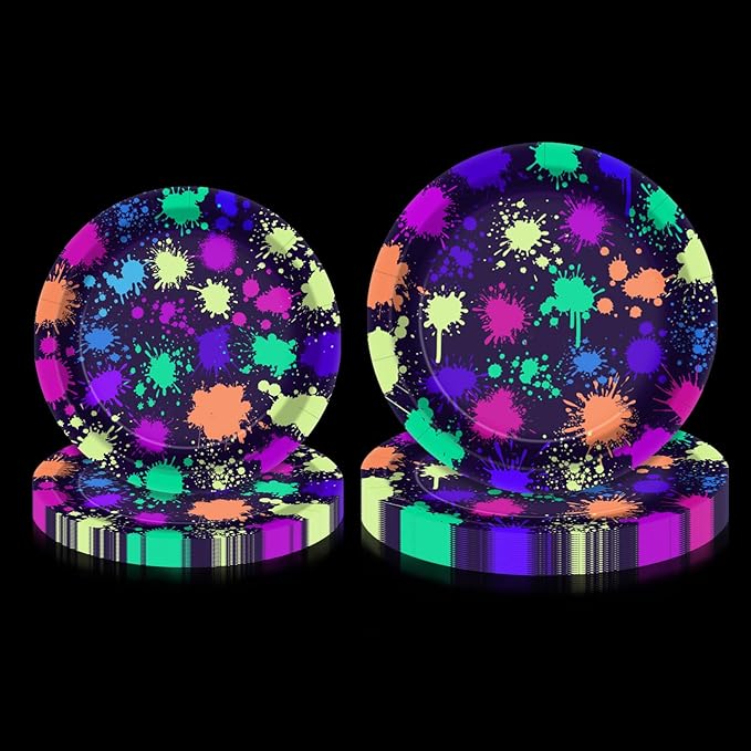 Neon Paper Plates - Glow in the Dark Party Supplies Include 7'' 9'' Printed with Graffiti Plates for Let's Glow Party Decorations, Serves 20