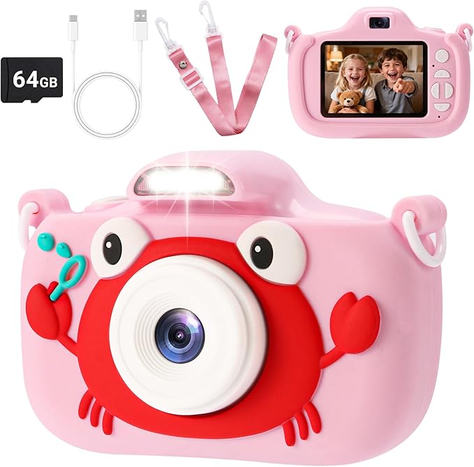 Kids Camera Toys for 3-9 Year Old Girls Boys. 2.4-inch Screen Children's Digital Camera with Fill Light,Christmas/Birthday Gift for Children.Comes with a 64G TF Card, Silicone Protective case/Lanyard