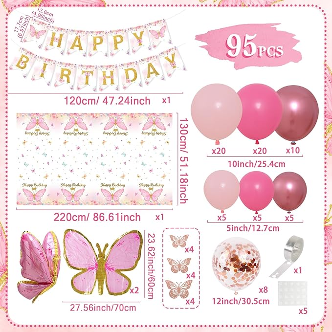 Butterfly Decorations for Girls, Pink Butterfly Themed Birthday Decorations Party Supplies with Balloon Arch Kit Backdrop Banner Foil Balloons Wall Decor, Princess Baby Shower Bday Party
