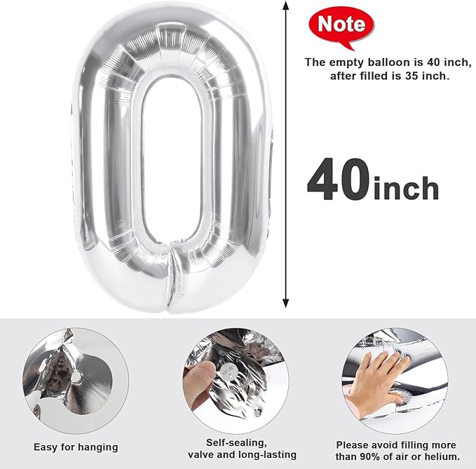 Number 0 Balloons 40 Inch Silver Number Balloons for 10 20 30 40 50 60 70 80 90 100 Numbers Balloon Birthday Decorations Wedding Event Baby Shower