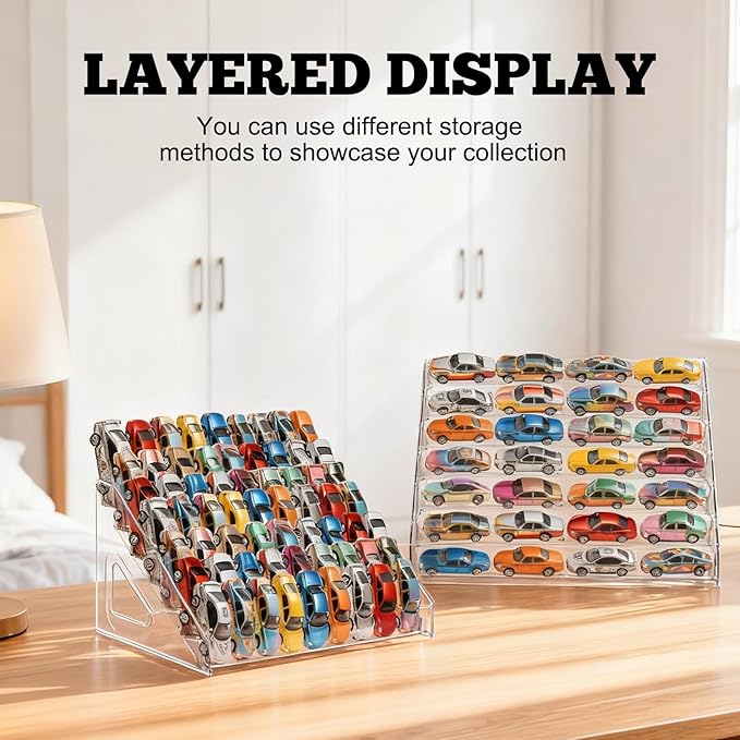 4 Pack 7-Tier Toy Cars Display Shelf for Hot Wheels Display Case Storage Organizer for 1/64 Scale Toy Cars-Hold 63 Toy Cars Clear Model Car Case Holder Container Shelf (Only case)