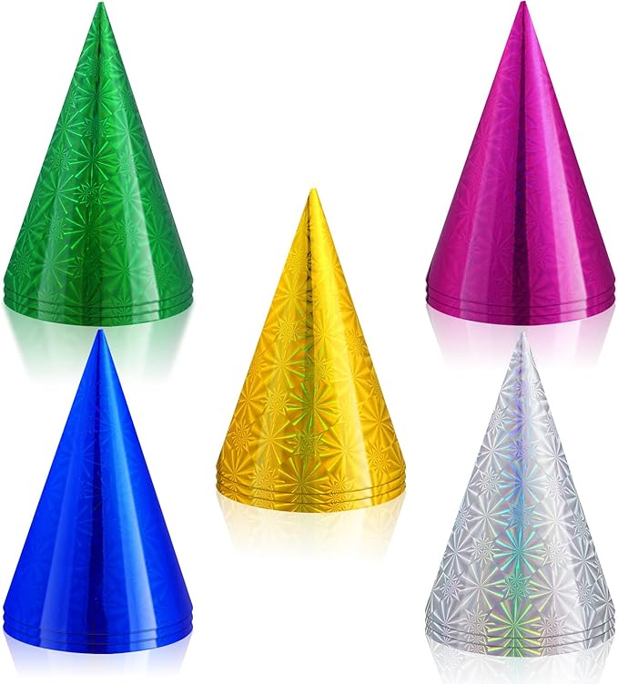 JaGely 100 Pieces Colorful Birthday Party Hats Metallic Foil Cone Hat for Christmas New Year Party Supplies, 5 Colors